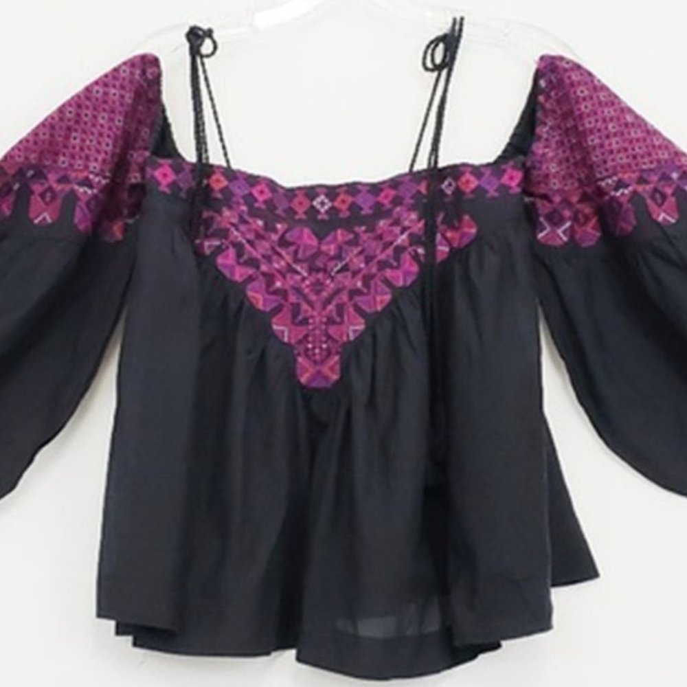 Free People Boho Embroidered Black and Maroon Top Size XS Oversized